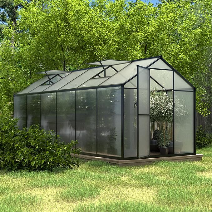 VEIKOU 6’x12’ Greenhouse for Outdoors, Upgraded Rivet Structure with 2 Vents, Lockable Door, 4mm Twin-Wall Polycarbonate, Aluminum Heavy Duty Greenhouse for Winters, Gray