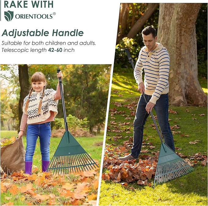 ORIENTOOLS Garden, Adjustable Lightweight Steel Poly Shrub Rake, Plastic Head, 22 Tines, 42 to 60 inches (Black Handle)