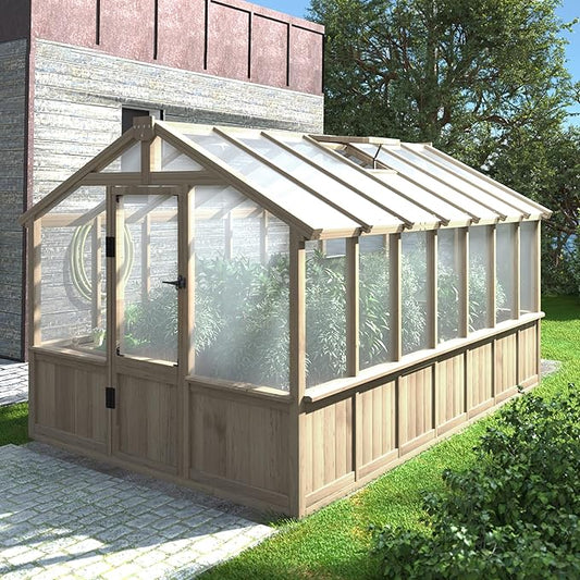 8x14 FT Outdoor Greenhouse Kit, Wooden Greenhouses for Outdoors Walk-in Green House with 6MM Thick Polycarbonate Panel & Adjustable Roof Vents, Backyard Garden, Light Mocha Brown