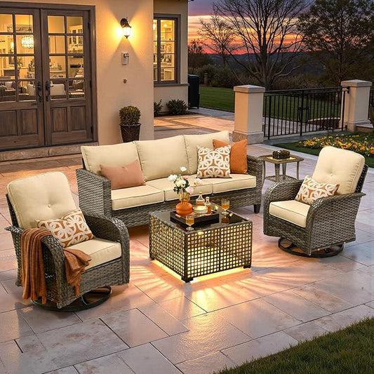 ovios 5 Pieces Patio Furniture Set, Outdoor Wicker Sofa Couch with Rocking Swivel Chairs Solar Lights Table, Modern Deep Seat Rattan Conversation Sets for Porch Deck, Beige