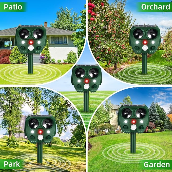 2 Pack 2025 Ultrasonic Animal Repeller Outdoor Solar Deer Repellent Devices with Motion Detection,Waterproof Squirrel Raccoon Fortress Pro Deterrent Light for Cat Skunk Rabbit Dog