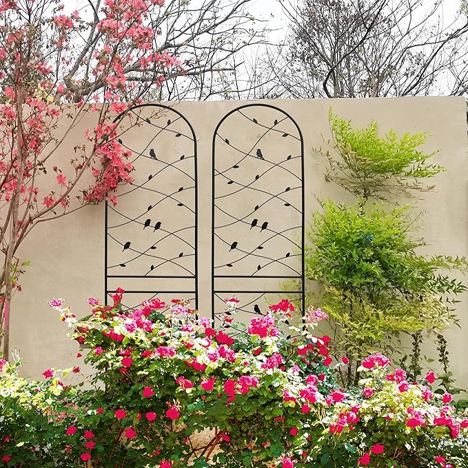 Metal Garden Trellis Rustproof Trellis for Climbing Plants Outdoor Flower Support Bird Deco (Black-2 Pack, 86.7"x19.7")