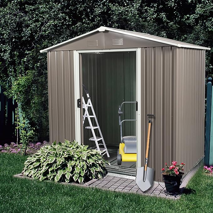 6x5 FT Outdoor Storage Shed, Metal Garden Shed with Frame Floor, Outside Tool Shed with Lockable Sliding Doors, Waterproof Storage Building with Sloped Roof for Backyard, Patio, Lawn, Warm Gray