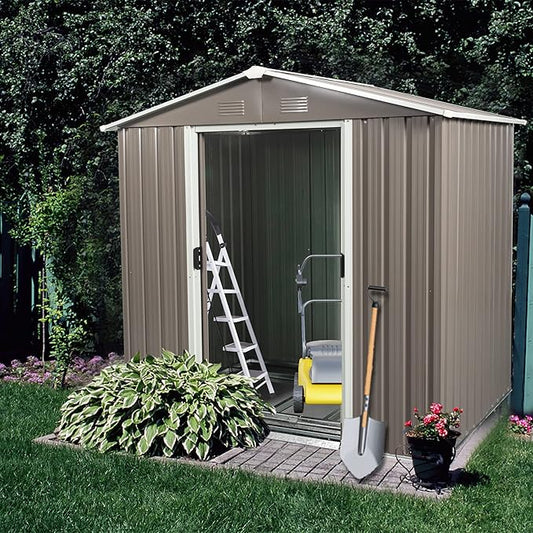 6x5 FT Outdoor Storage Shed, Metal Garden Shed with Frame Floor, Outside Tool Shed with Lockable Sliding Doors, Waterproof Storage Building with Sloped Roof for Backyard, Patio, Lawn, Warm Gray