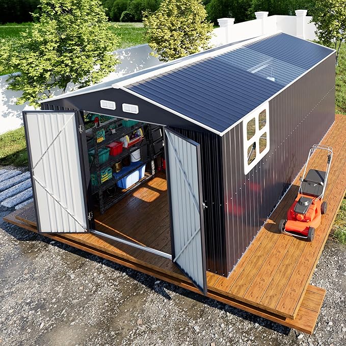 Metal Shed 10x16 FT Large with Customizable Skylight and Reinforced Steel Frame, Heavy-Duty Galvanized Steel Big Garden Sheds with Lockable Doors,4 Pane Windows, Large Utility Tool Sheds