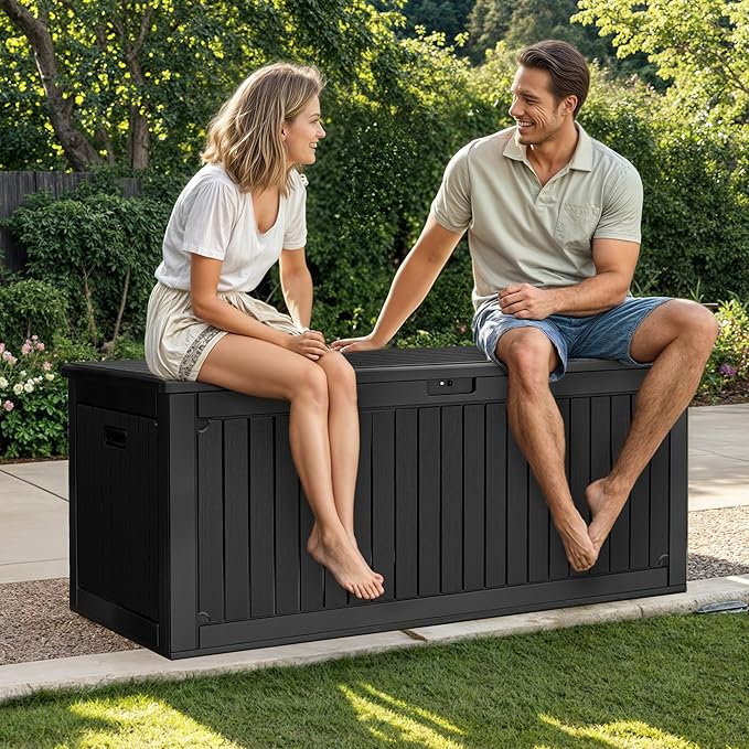 DWVO 260 Gallon Resin Outdoor Storage Box, XXL Double-Wall Waterproof Deck Box with Divider, Doubles as Table or Seating with 1000 lbs Capacity, Lockable (Black)