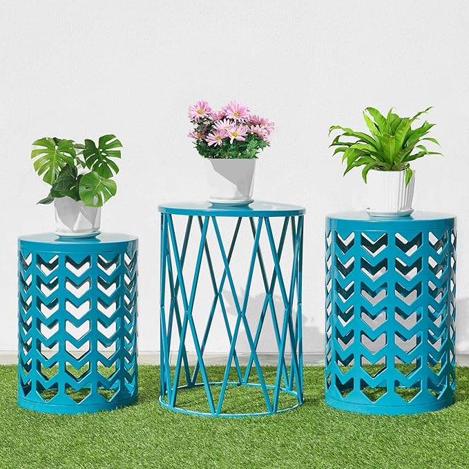 HFHOME Set of 3 Metal Side End Tables Nightstand, Nesting Round Coffee Table for Indoor Outdoor, Heavy Duty Metal Plant Stand Living Room Garden Stool - Blue