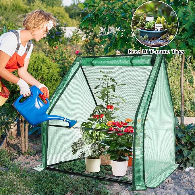 Ileading Small Greenhouse for Outdoor Indoor Portable Mini Garden Green House with Waterproof Pad, 4 Ground Stakes, 10 T-Shaped Plant Tags, Durable PE Plant Cover Tent, 36x36x42 Inch