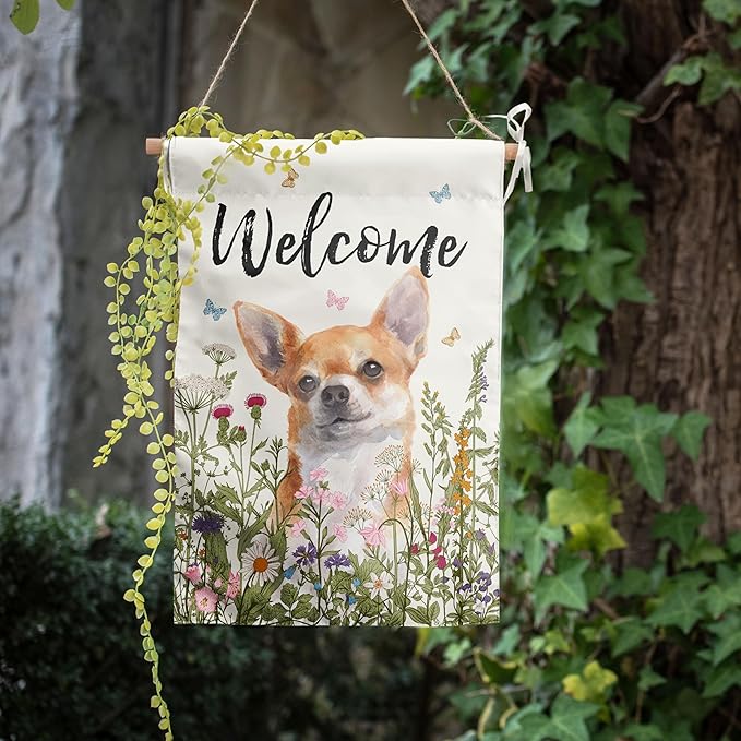 Floral Chihuahua Garden Flag Spring Summer Yard Flag Flower Dog Garden Flags for Outside Small Outdoor Welcome Flags 12x18 Double Sided