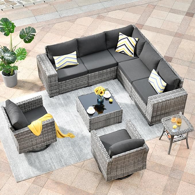 HOOOWOOO 9 Piece Modular Patio Outdoor Sectional Furniture Set with Swivel Rocking Chairs,Wicker Conversation Sofa Set,Outside Couch Set with Wide Arm(Black)