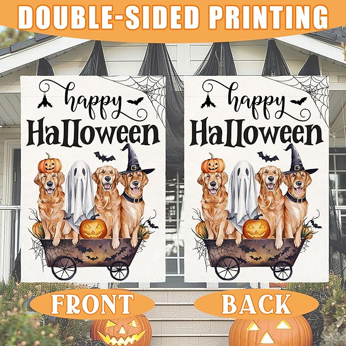 Happy Halloween Garden Flag for Outside, 12x18 Inch Double Sided Halloween Dog Pumpkin Ghost Bats Yard Flag, Farmhouse Small Yard Flags for Outdoor Decorations, Holiday Decor Gifts-A03