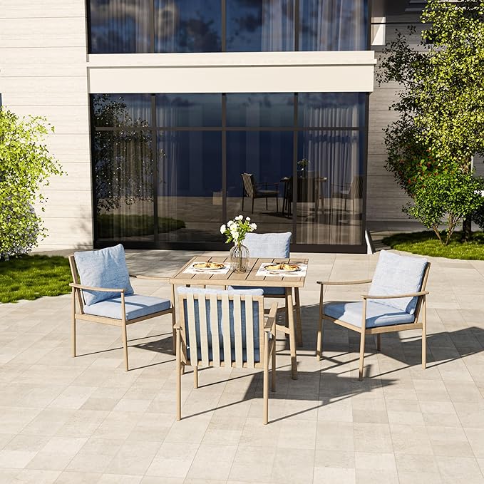 HAPPATIO 5-Piece Outdoor Dining Set for 4, Aluminum Patio Dining Set Includes 1 Large Square Table with Umbrella Hole and 4 Dining Chairs, Patio Furniture Set for Lawn, Porch, or Backyard (Brown)