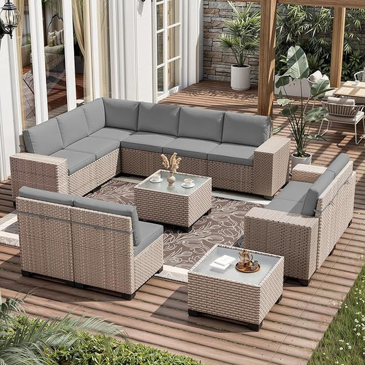 12 Pieces Patio Furniture Set, Outdoor Sectional Wicker Sofa with Thickened Cushions and Coffee Table, High Back Rattan Patio Conversation Sets for Garden Backyard, Grey