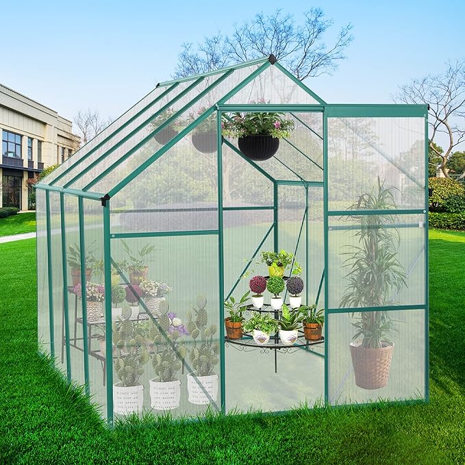 6x8FT Polycarbonate Walk-in Greenhouses, Heavy Duty Hobby Green House, Storage Shed with Sliding Doors & Adjustable Roof Vent, Aluminum Sunroom Hot House for Outdoor Garden Backyard