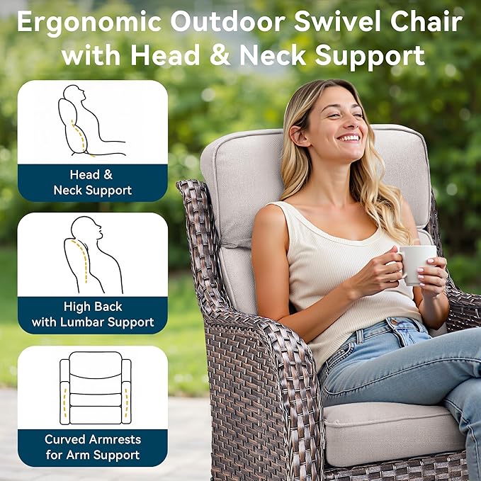 Luxury High Back Outdoor Furniture 6-Inch Thick Cushions with 50,000 BTU Gas Propane Fire Pit Tablet, Patio Furniture Set with Swivel Chairs, for Porch, Balcony, Deck and Yard