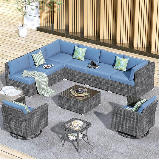 HOOOWOOO 10 Piece Patio Sectional Furniture Set with Swivel Rocking Chairs,Modern Wicker Outdoor Conversation Sofa Sets,Weather Resistant Modular L Shaped Outside Couch Set(Denime Blue)