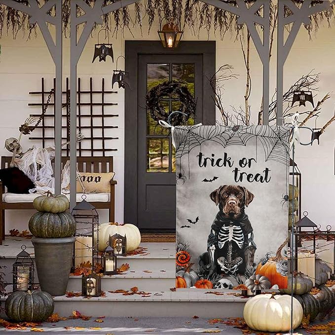 Halloween Chocolate Lab Garden Flag Trick or Treat Yard Flag Ghost Labrador Dog Garden Flags for Outside 12x18 Double Sided Mini Skeleton Halloween Decor Outdoor Lawn Welcome Flag