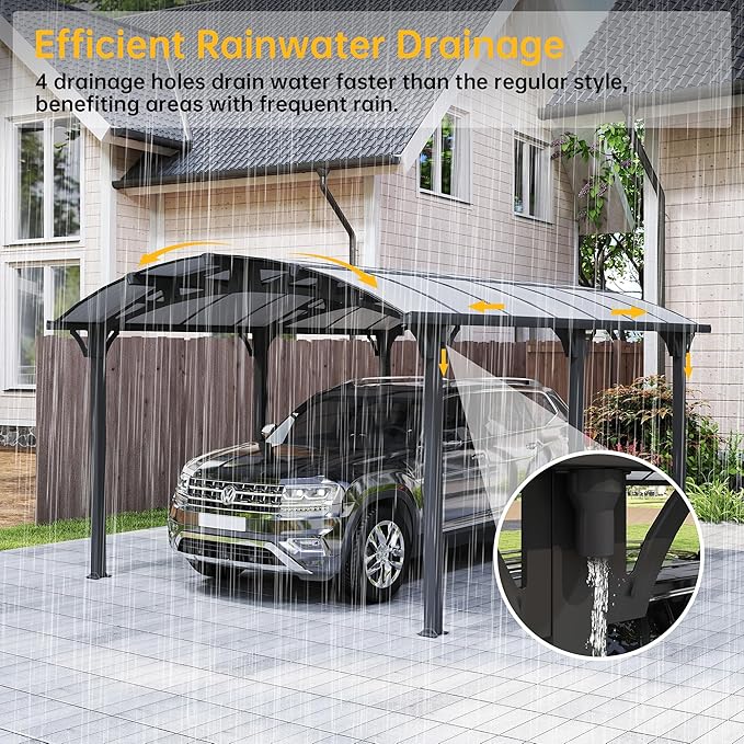 Heavy Duty Carport, 12x16ft Carport with Arch-Roof Polycarbonate Panel, Garage Car Shelter Outdoor Storage Shed for Cars, Boats and Trucks,Gray