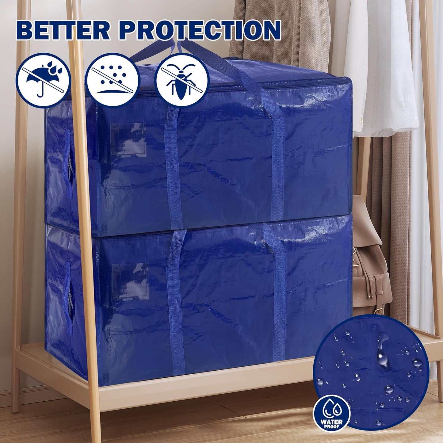 12 Pack Extra Heavy Duty Large Moving Bags with Strong Zipper & Carrying Handles, Sturdy Clothes Storage Bags Totes Bins, Packing Bag Move Boxes College Moving Supplies, Dark Blue - 24 gal