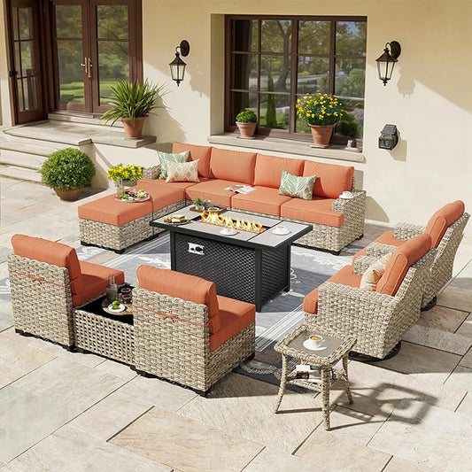 HOOOWOOO Outdoor Sectional Patio Furniture Set with Fire Pit Table,13 Pieces Wicker Conversation Sets L Shaped Couch,Extra Deep Out Door Sofa Outside Furniture with Swivel Chairs Ottomans,Brick Red