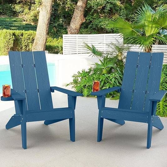 MXIMU Modern Adirondack Chairs Set of 2 Weather Resistant with Cup Holder Oversize Plastic Fire Pit Chairs Adorondic Plastic Outdoor Chairs for Firepit Area Seating (Navy)
