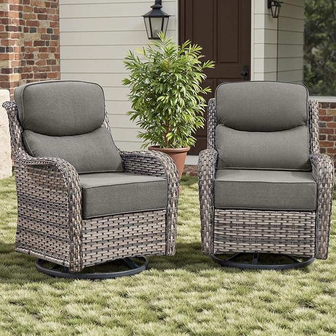 Outdoor Patio Swivel Rocker Chairs Set of 2, Waterproof Wicker, High Back, Deep Seating, Wide Armrest, Upgraded 6 inch Thick Cushions, Ideal for Deck Porch Backyard, Mixed Grey-Grey