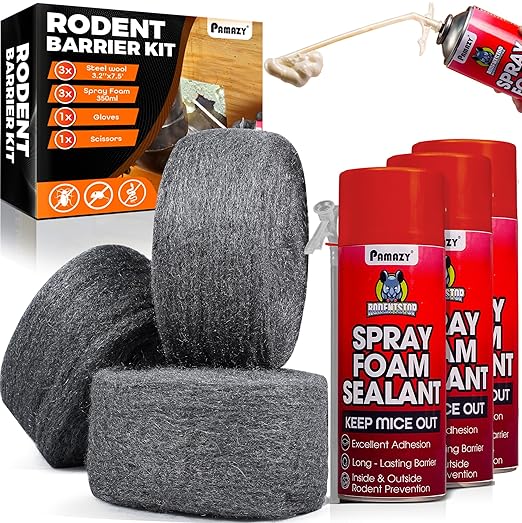 [Upgraded] Rodent Barrier Kit, 3Pcs Steel Wool Included 3Pcs PU Spray Foam for Mice Control, 3.2"x7.5’ Rodent Control Fill Fabric, Gloves, Scissors, Gap Blocker in Hole Pipeline Vent in House, Garage