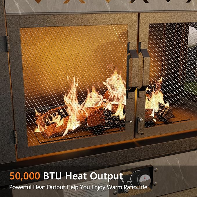 47.3''x35.5'' Outdoor Propane Fireplace, 50,000 BTU Vent-Free Gas Heater, CSA Certified Grey & Black Weather-Resistant Steel, Realistic Ceramic Logs, Rain Cover Included