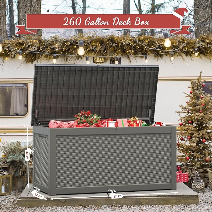NUNU LAB 260 Gallon Outdoor Storage Box,Resin Large Sturdy Deck Box, Backyard Outside Storage Box Waterproof with Double Wall Panels,Package Delivery Garden Outdoor Hose
