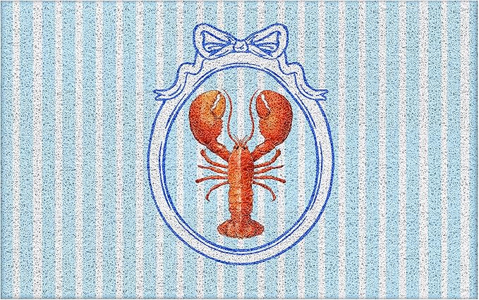 Red Lobster Coastal Beach Door Mat, Coquette Blue Bow Striped Preppy Beach Doormat Non-Slip for Front Door Porch Indoor Outside Entrance Entryway, Nautical Crawfish Welcome Mat, 17x30 Inch
