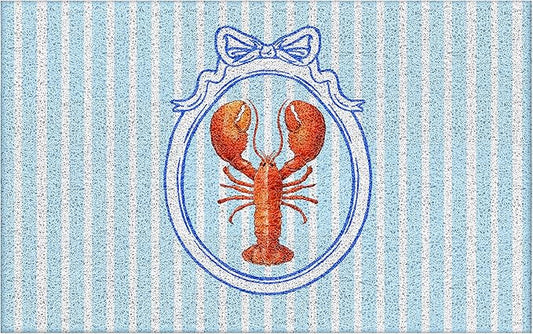 Red Lobster Coastal Beach Door Mat, Coquette Blue Bow Striped Preppy Beach Doormat Non-Slip for Front Door Porch Indoor Outside Entrance Entryway, Nautical Crawfish Welcome Mat, 17x30 Inch