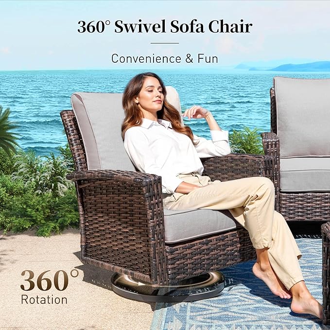 Patio Furniture Set of 2, Rattan Wicker Swivel Chairs with 5.5" Thick Cushions and 35" High Back, Oversized Outside Chairs for Balcony Porch Deck, Grey