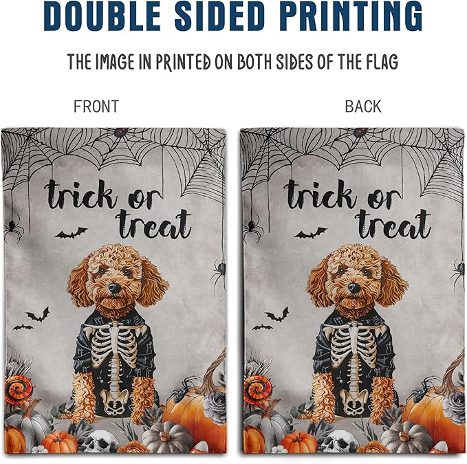 Halloween Golden Doodle Garden Flag Trick or Treat Yard Flag Ghost Dog Garden Flags for Outside 12x18 Double Sided Small Dachshund Skeleton Halloween Decor Outdoor Lawn Welcome Flag