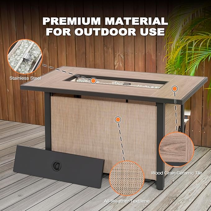 Nuu Garden 43" Propane Fire Pit Table, CSA-Listed Outdoor 50,000 BTU Gas with Lid and Glass Beads, 2-in-1 Rectangular for Outside Backyard Patio, Light Brown