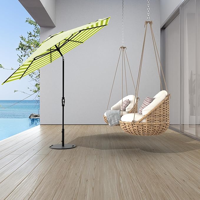 Midtown Umbrellas The Swilt 9 Feet Patio Umbrella in Terylast Pear Stripes (Green/White) Polyester Fabric - Fiberglass Ribs, Auto-Tilt Aluminum Frame For Backyard, Deck, Garden, Pool - White Pole