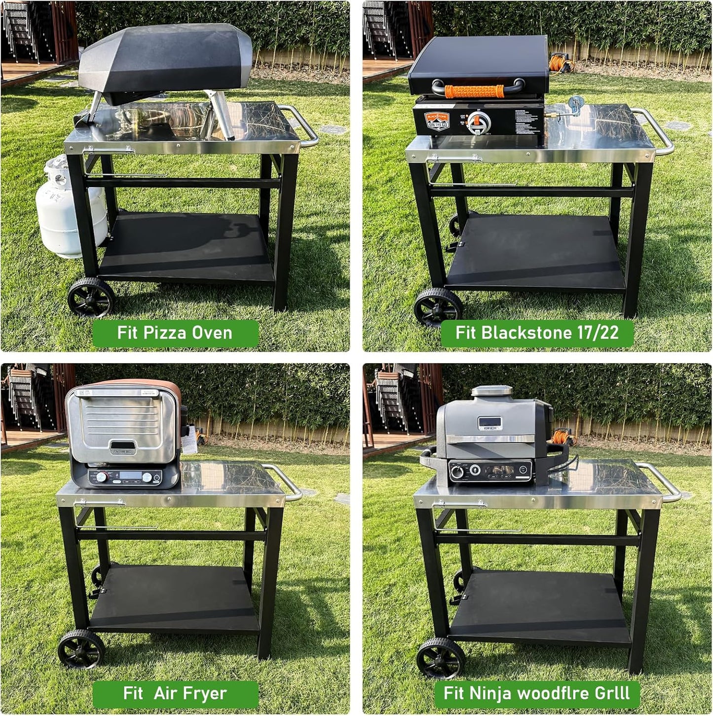 34x21IN Outdoor Grill Table, Grill Stand Cart for Ninja Woodfire & Blackstone Griddle, Pizza Oven Table for Outside, Extra-Wide Stainless Steel Cart with Wheels for Kitchen Food Prep Table