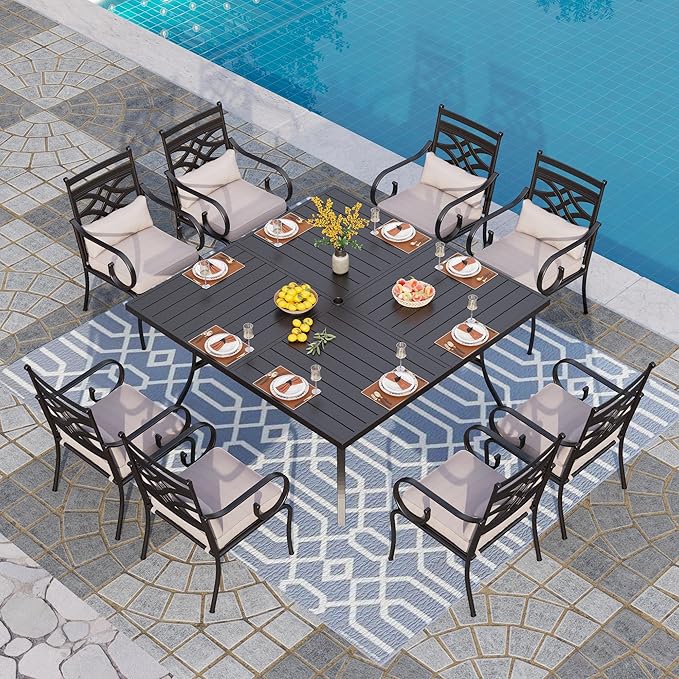 PHI VILLA 9 Pcs Patio Dining Set,Outdoor Table Chair Set for 8 with Outdoor Chairs and Metal Frame Steel Square Table,Outdoor Dining Furniture with Cushion and Pillow for Garden Lawn Deck