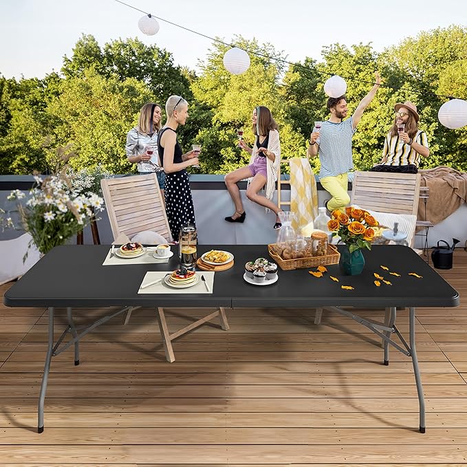 YITAHOME 8FT Heavy Duty Folding Table for Indoors & Outdoors Use, Versatile Rectangle Folding Table with Carrying Handle for Camping, Picnics, Parties, and Events, Black