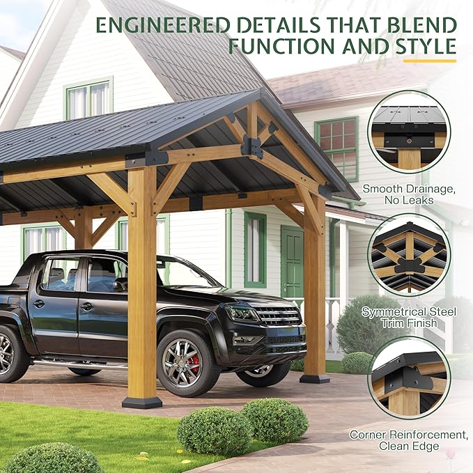 Jocisland 12x24x9.5 FT Cedar Wood Hardtop Carport with Steel Roof, Waterproof Outdoor Gazebo Pavilion, Heavy-Duty Snow & Wind Resistant Canopy for Patio, Driveway, Garden