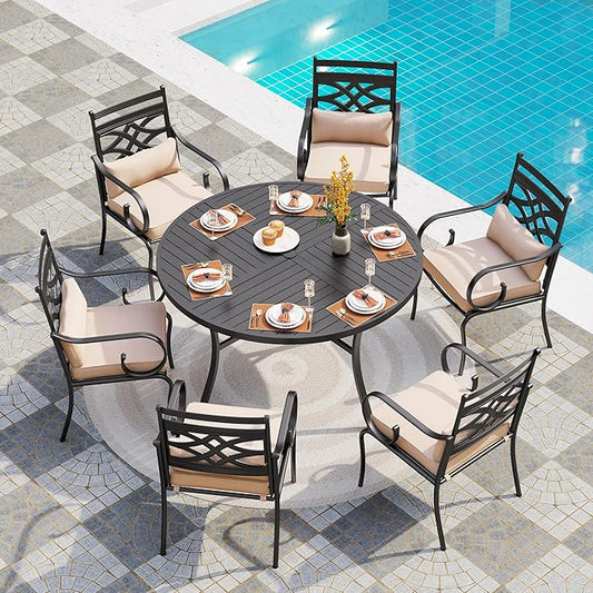 PHI VILLA 7 Pcs Patio Dining Set,Outdoor Table Chair Set for 6 with Outdoor Chairs and Metal Frame Steel Round Table,Outdoor Dining Furniture with Cushion and Pillow for Garden Lawn Deck