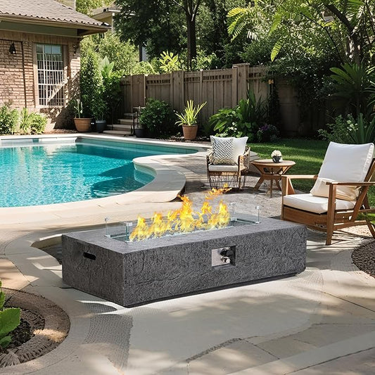 2-Piece Outdoor Propane Fire Pit Table Set – Premium Slate-Like MgO Finish, 48-Inch Gas Fire Table with Glass Wind Guard for Patio, Garden & Backyard, Includes Rain Cover & Glass Beads
