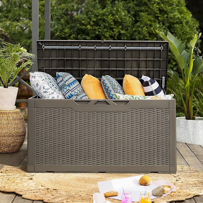 Flamaker Deck Box with Cushion 100 Gallon Waterproof Resin Storage Box with Air Rod Indoor Outdoor Lockable Storage Bench for Patio Furniture, Tools, Pool Accessories (Brown)