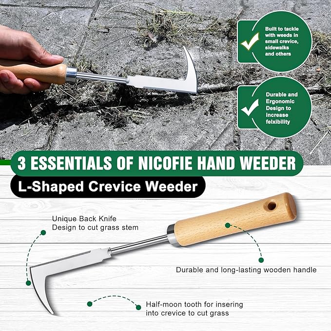 BOOLOOEN3Pack Weed Puller Tool, Manual Hand Weeder Paver, Crack Weeder, Stainless Steel Crevice Weeding Digger Tool, Paving Brick Moss Removal, L-Shape Gardening Crack Tool for Lawn Edger and Driveway