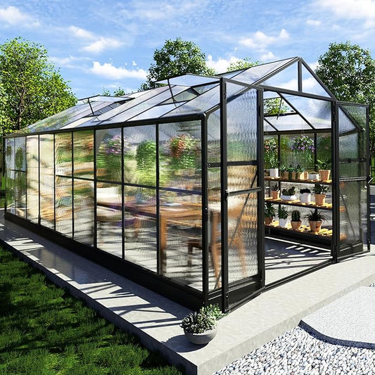 AMERLIFE 8x18x7FT Polycarbonate Greenhouse, Walk in Greenhouse with Quick-Connect System, Green House with 4 Windows and Swing Lockable Door, Greenhouses for Outdoors, Sunroom Black