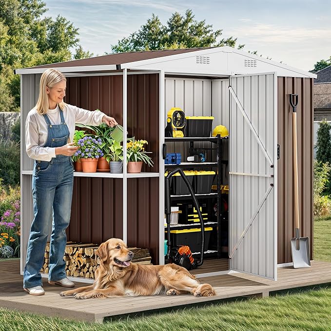 DWVO Outdoor Storage Shed 8x4FT with Rack, Metal Garden Shed with Storage Shelves, Bike Storage Tool Cabinet Box for Lawn Backyard Patio Use, Brown