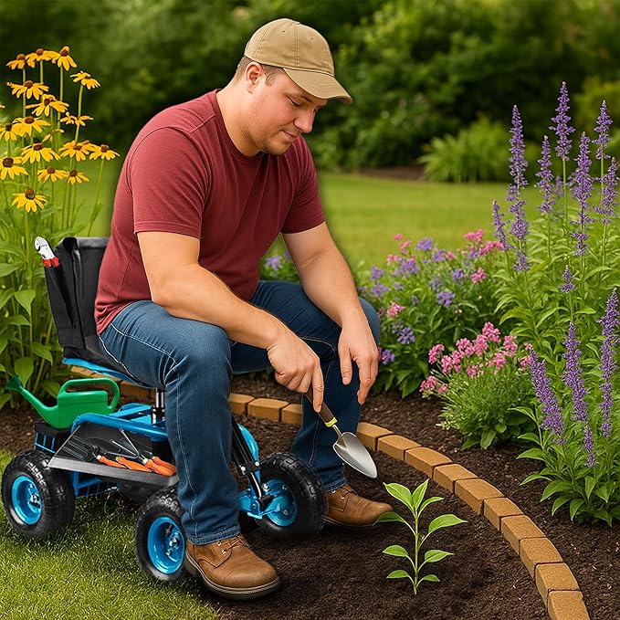 Garden Seat with Wheels – Adjustable 360° Swivel Gardening Stool with Hydraulic Height Adjustment, Ergonomic Backrest, and Tool Storage – Rolling Stool for Garden, Yard, and Outdoor Use