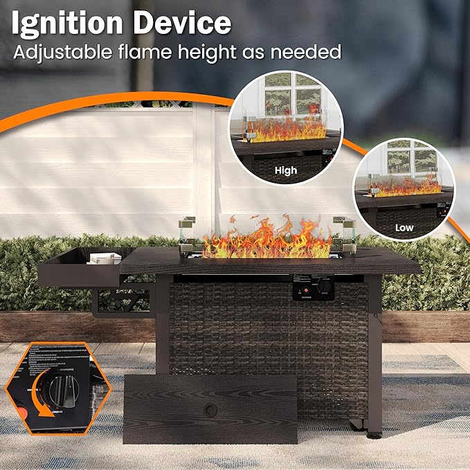 52 Inch Wicker Outdoor Fire Table, 50,000BTU Propane Fire Pit Table with Windshield, Side Basket, Rain Cover and CSA Certified, Patio Fire Pit for Garden, Backyard, Balcony, Poolside, Brown