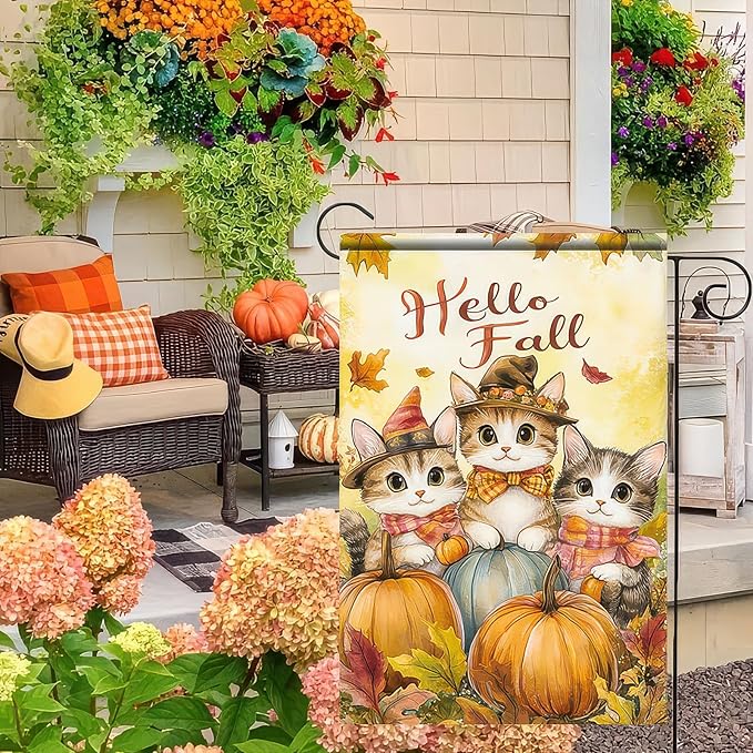 Fall Garden Flag 12x18 Inch Hello Fall Kitten Yard Banner Autumn Cat Outdoor Flag with Pumpkins and Leaves Double Sided Tabby Cat Seasonal Decor for Porch Lawn Thanksgiving