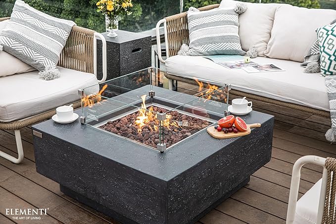 Elementi | Bundle Manhattan Gas Fire Pit Cast Concrete 36" Square Fire Table, Outdoor Fire Pit Electronic Ignition | Canvas Cover, Lava Rock Included | Dark Gray (Propane Gas)