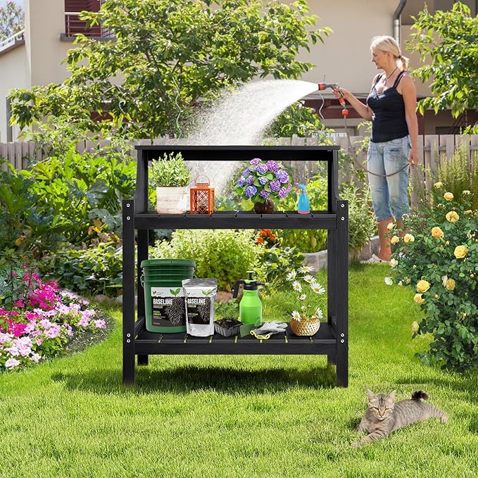 Potting Bench Table, HDPS Potting Bench with 4 Side Hooks, All-Weather Garden Table Work Station, Outdoor Potting Table for Porch, No Rust, No Fade, No Break, 360lbs Capacity (Black, Large)